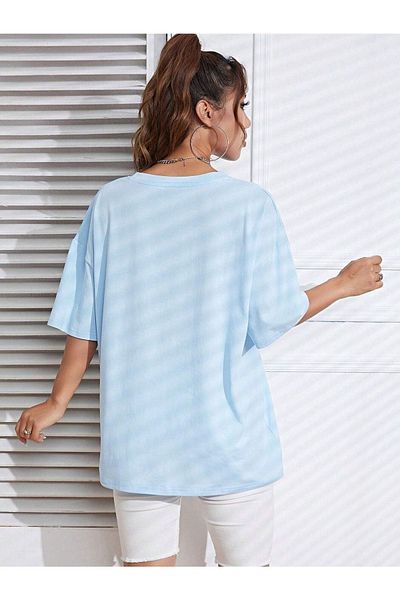 DUBU BUTİK Flower Patterned T-shirt - Baby Blue Oversize Printed Crew Neck
