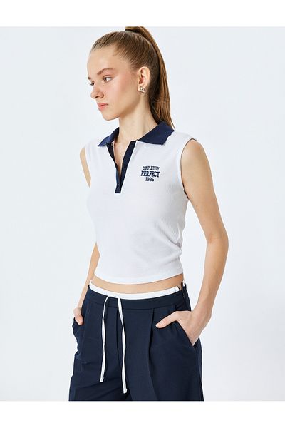 Koton New Season Slim Fit Polo Neck Sleeveless College Embroidered Top