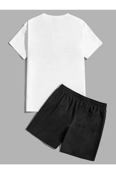 DUBU BUTİK Positive Rose T-shirt Shorts - White Black Bottom Top Team Shorts T-shirt Combination Printed Crew Neck