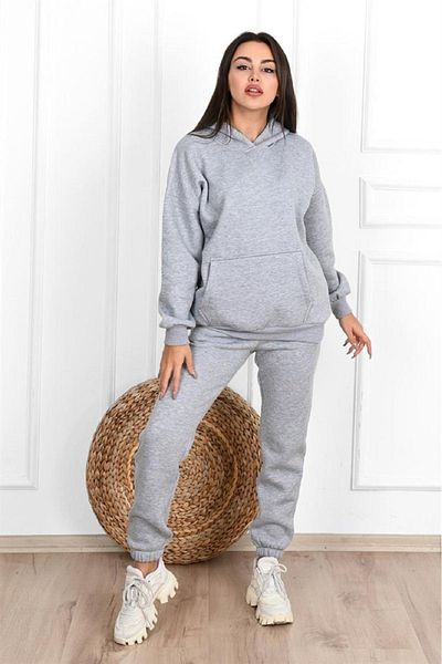 DUBU BUTİK Απλό Basic Σετ Φούτερ Jogger - Γκρι Oversize Raised Hooded
