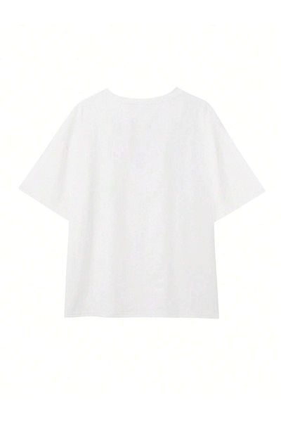 DUBU BUTİK Nevep Logo T-Shirt - White Oversize Printed Crew Neck