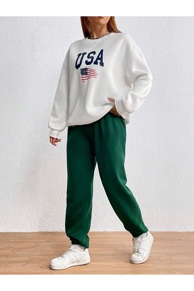 DUBU BUTİK USA Flag Tracksuit Set White Sweatshirt GreenJogger - Printed Oversize Ribbed Crew Neck