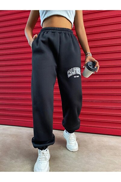 DUBU BUTİK Καλιφόρνια West Coast Sweatpants Jogger - Μαύρο εμπριμέ λαστιχένιο πόδι ψηλόμεσο