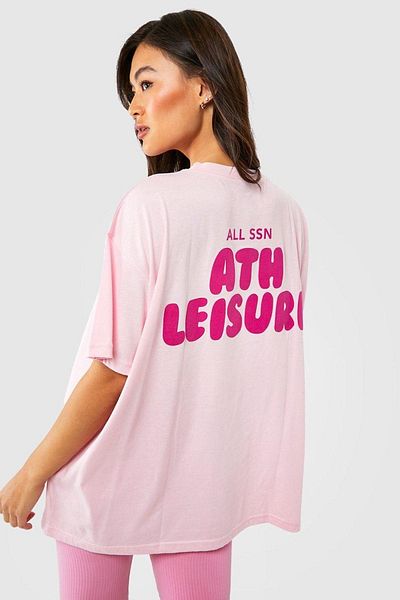 DUBU BUTİK Ath Leisure T-shirt - Pink Printed Oversize Crew Neck Short Sleeve T-Shirt