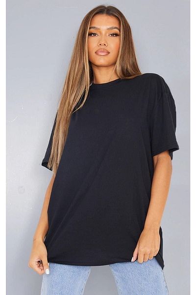 DUBU BUTİK Pack of 2 Plain Oversize T-shirt - Black and White Oversize Crew Neck