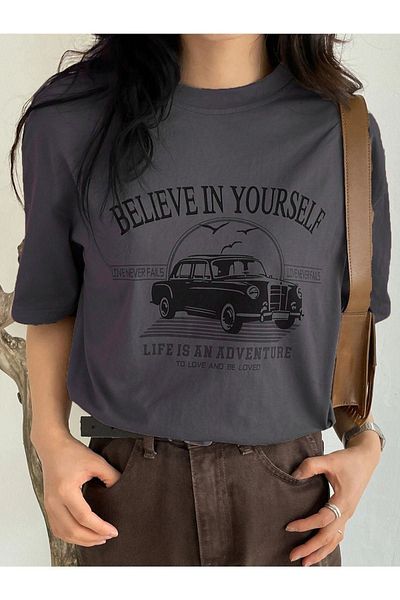DUBU BUTİK Believe In Yourself T-shirt - Smoke Printed Oversize Crew Neck Short Sleeve T-Shirt