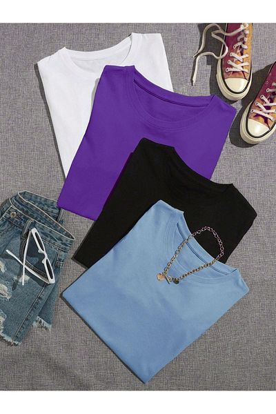 CLAYES Tricou simplu de bază din 4 piese cu combinații multiple - Alb, violet, negru și albastru baby, decolteu supradimensionat
