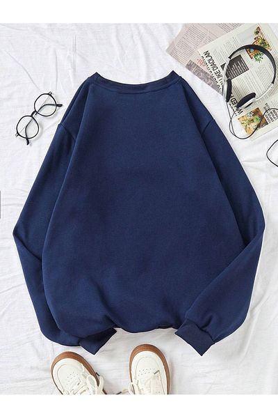 DUBU BUTİK Brooklyn 1982 Sweatshirt - Navy Blue Printed Oversize Crew Neck
