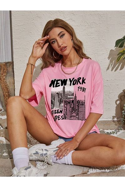 DUBU BUTİK New York 1931 T-shirt - Pink Oversize Printed Crew Neck