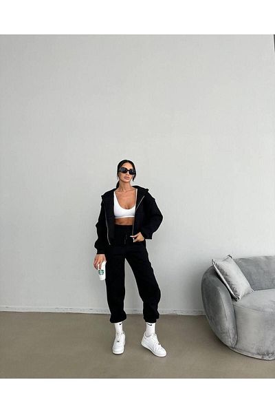 DUBU BUTİK Sima Basic Cardigan melegítőnadrág Jogger alsó felső szett - fekete cipzáras oversize kapucnis