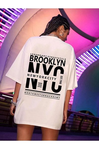 DUBU BUTİK Unisex White Cotton Oversize T-shirt Brooklyn Nyc Printed