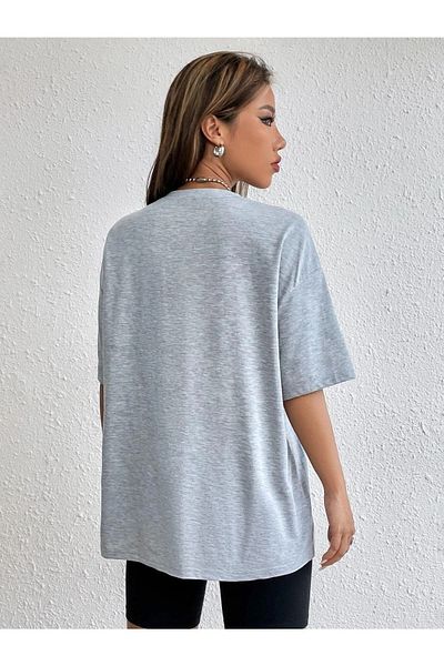 DUBU BUTİK Απλό Basic T-Shirt - Γκρι Oversize Crew Neck Κοντό μανίκι