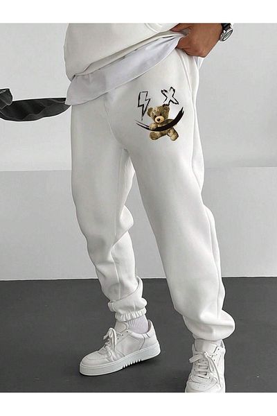 DUBU BUTİK Lightning Bear Sweatpants Jogger - Λευκό εμπριμέ λαστιχένιο πόδι ψηλόμεσο