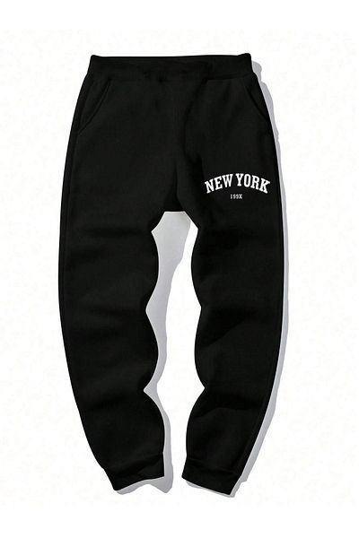 DUBU BUTİK New York 199x Sweatpants Jogger - Μαύρο εμπριμέ λαστιχένιο πόδι ψηλόμεσο