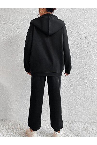 DUBU BUTİK Sirra Newada Cardigan Sweatpants Jogger- Black Bottom Top Combination Set Printed Oversize Hooded