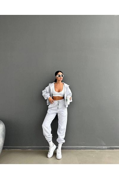 DUBU BUTİK Plain Basic Cardigan Sweatpants Jogger Bottom Top Set - Gray Zippered Oversize Hoodie