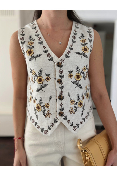 BRTC design Kadın Krem Nakışlı Çiçekli Keten Görünümlü Yelek
