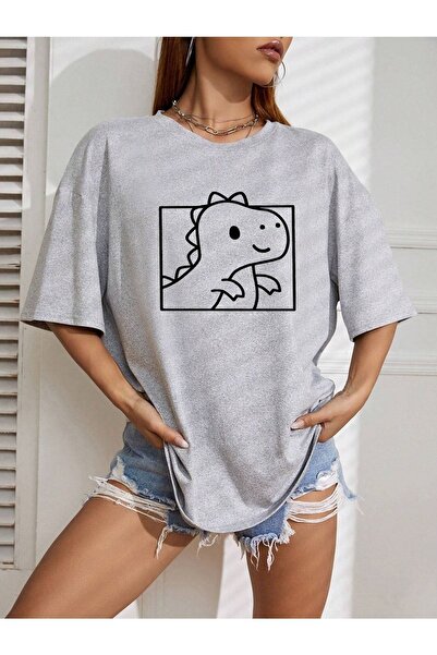 DUBU BUTİK Gray Dinosaur Printed Oversize T-shirt - Crew Neck