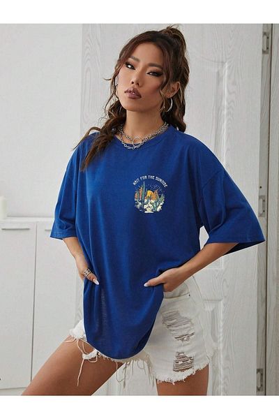 DUBU BUTİK Тениска Arizona Sunrise - Saks Blue Oversize Printed Crew Neck