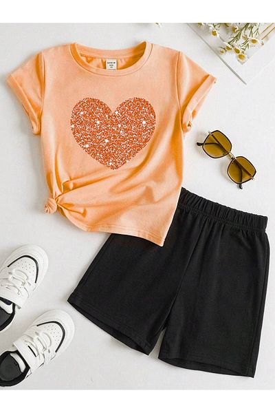 DUBU BUTİK Heart Cotton Kids Set - Orange T-shirt & Black Shorts - Printed Girls Boys Summer Crew Neck
