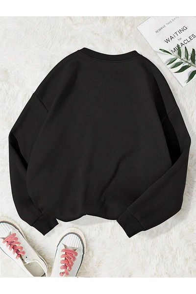 DUBU BUTİK Φούτερ Mama Leopard Pattern - Μαύρη στάμπα Oversize Crew Neck