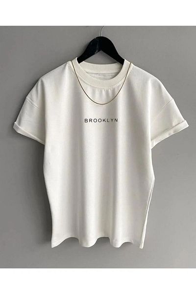 DUBU BUTİK Brooklyn Minimal Text T-Shirt - White Printed Oversize Crew Neck Short Sleeve
