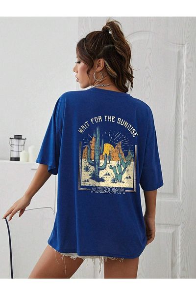 DUBU BUTİK Тениска Arizona Sunrise - Saks Blue Oversize Printed Crew Neck