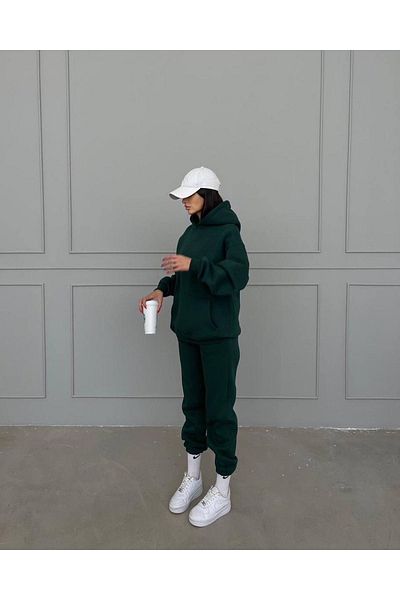 DUBU BUTİK Basic Απλό Σετ Φούτερ Jogger - Green Oversize Raised Hooded