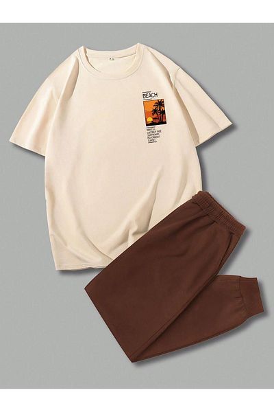 DUBU BUTİK Μπλουζάκι Beach Jogger και παντελόνι - Μπεζ/Καφέ Oversize Crew Neck Set
