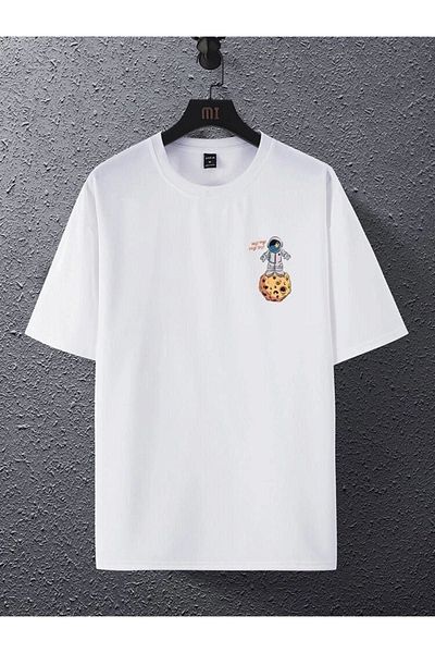 DUBU BUTİK Moon To Mars T-Shirt - White Printed Oversize Crew Neck Short Sleeve
