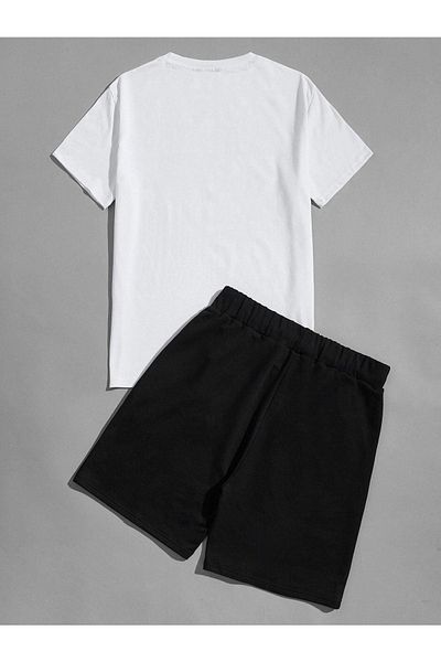 DUBU BUTİK K Pattern T-shirt Shorts - White Black Bottom Top Combination Shorts T-shirt Set Printed Oversize Crew Neck
