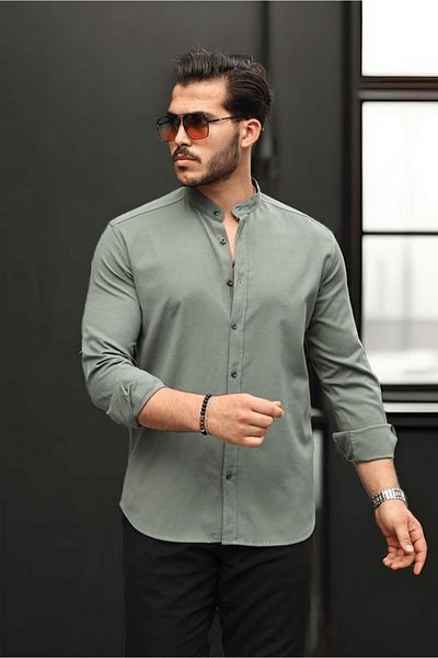 Valiberta Hakim Collar Oxford Fabric Long Sleeve Shirt - Khaki