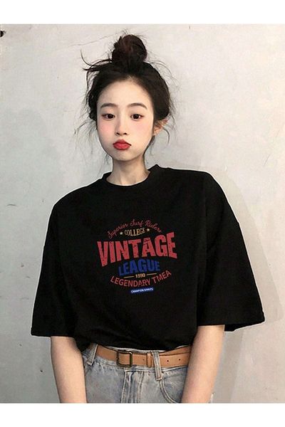 DUBU BUTİK Vintage College T-Shirt - Black Printed Oversize Crew Neck Short Sleeve
