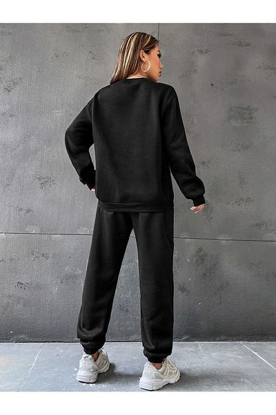 DUBU BUTİK طقم بدلة رياضية نيويورك سيتي سويت شيرت Jogger - رقبة دائرية كبيرة الحجم مطبوعة باللون الأسود