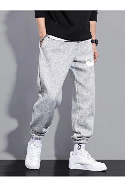 DUBU BUTİK Mountain Sweatpants Jogger - Gray Printed Rubber Leg High Waist