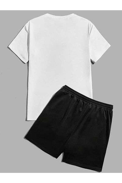 DUBU BUTİK Rose Letter T-shirt Shorts - White Black Bottom Top Set Shorts T-shirt Combination Printed Crew Neck