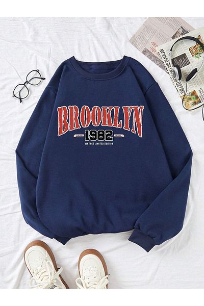 DUBU BUTİK Brooklyn 1982 Sweatshirt - Navy Blue Printed Oversize Crew Neck
