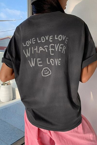 DUBU BUTİK Whatever We Love T-Shirt - Smoke Printed Oversize Crew Neck Short Sleeve