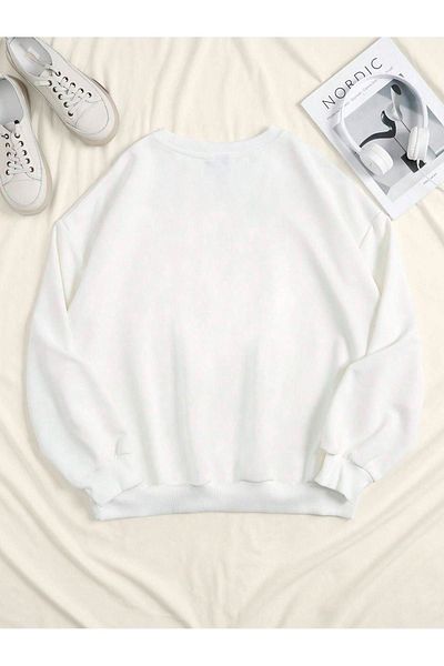 DUBU BUTİK Tokyo 1986 Sweatshirt - White Printed Oversize Crew Neck