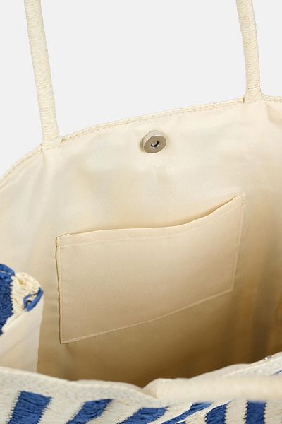 Dagi Ecru-Navy Blue Women's Stripe Patterned Straw Beach Bag