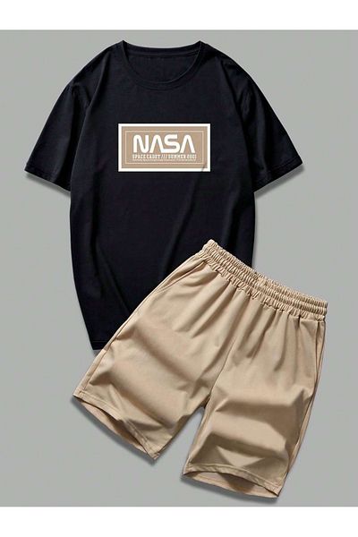 DUBU BUTİK Σετ μπλουζάκι και σορτς Nasa Summer Oversize - Μαύρο Μπεζ, Crew Neck
