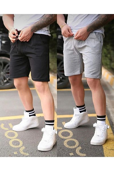DUBU BUTİK Black & Gray Short Shorts Set of 2 - Combed Cotton Corded Fit Pocket