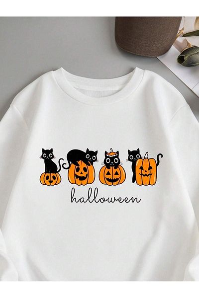 DUBU BUTİK Φούτερ Halloween Cats - Λευκό εμπριμέ Oversize Crew Neck