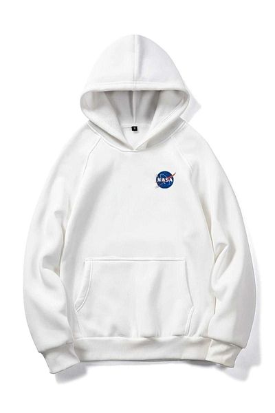 DUBU BUTİK Φούτερ με λογότυπο Nasa - Λευκή στάμπα Oversize Hoodie