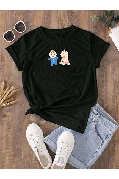 DUBU BUTİK Pregnant Gebe T-shirt Kids Printed - Black Crew Neck Oversize T-shirt