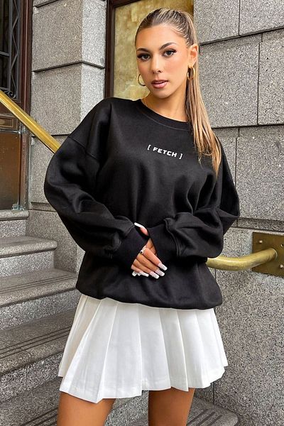 DUBU BUTİK Fetch Design Sweatshirt - Black Printed Oversize Crew Neck