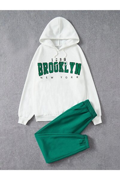 DUBU BUTİK 1898 Brooklyn Tracksuit Set White Sweatshirt Green Jogger - Printed Oversize Ribbon Hoodie