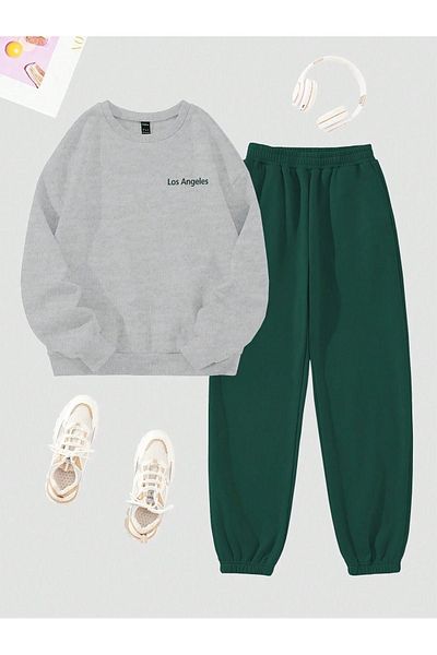 VBSVİBES Gri Verde CREW NECK Combinație de jos Top Set de trening LOS ANGLES