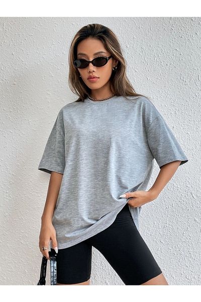 DUBU BUTİK Απλό Basic T-Shirt - Γκρι Oversize Crew Neck Κοντό μανίκι