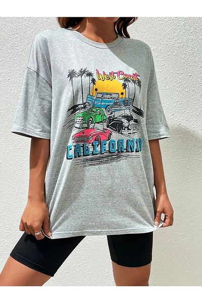 DUBU BUTİK California Cars T-shirt - Gray Printed Oversize Crew Neck Short Sleeve T-Shirt